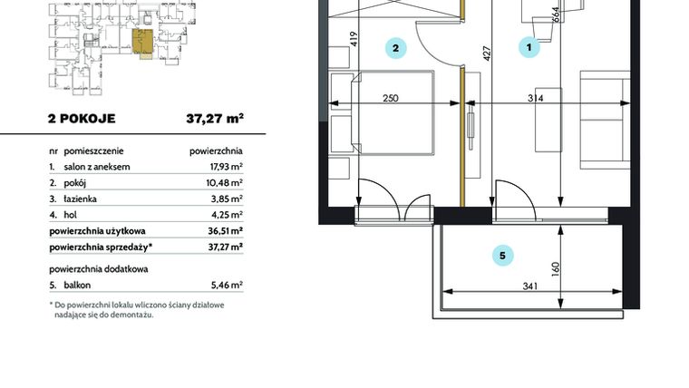 Rzut - Mieszkanie na sprzedaż 2 pokoje o powierzchni 37,27 m² - numer B.2.37 w Osiedle Tatarak