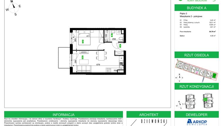 Rzut - Mieszkanie na sprzedaż 2 pokoje o powierzchni 36,7 m² - numer A/3/19 w Osiedle Parkowe Aleje etap III