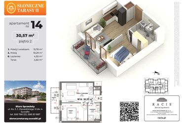 Rzut - Mieszkanie na sprzedaż 2 pokoje o powierzchni 30,57 m² - numer 14 w Słoneczne Tarasy II etap 2