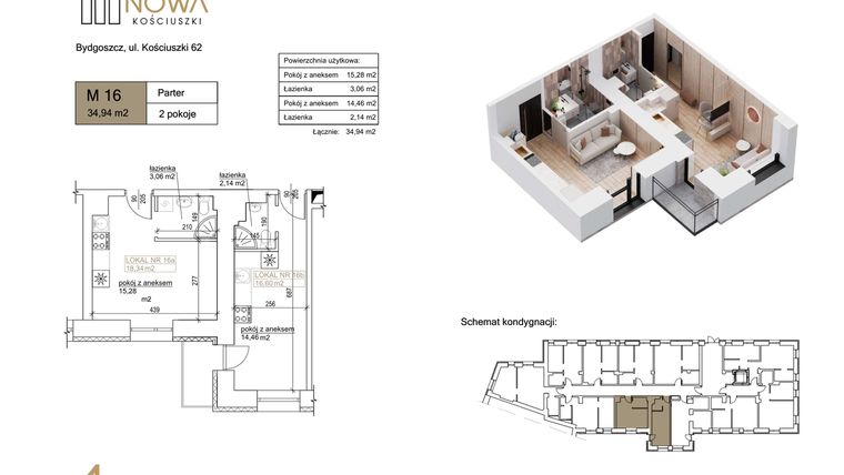 Rzut - Mieszkanie na sprzedaż 2 pokoje o powierzchni 34,94 m² - numer 16 w Nowa Kościuszki
