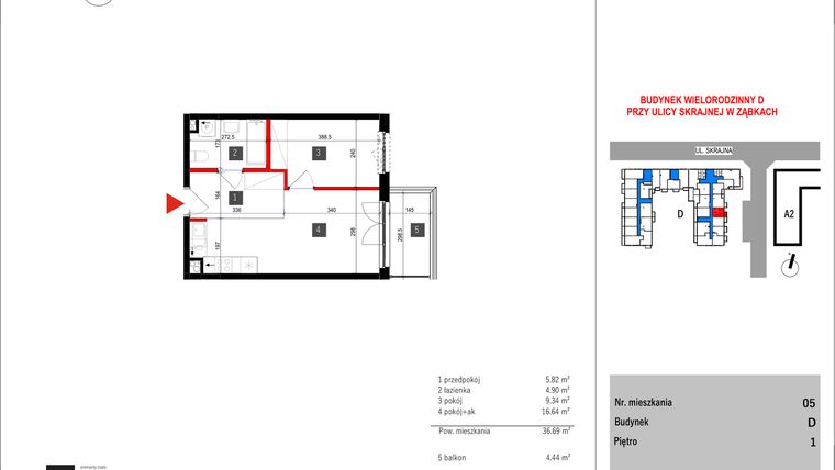 Rzut - Mieszkanie na sprzedaż 2 pokoje o powierzchni 36,69 m² - numer D.5 w Skrajna 9 bud. D