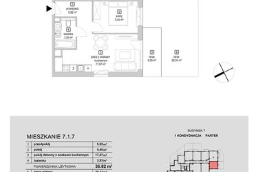 Rzut - Mieszkanie na sprzedaż 2 pokoje o powierzchni 36,82 m² - numer 7.1.7 w Osiedle Przyjemne IV