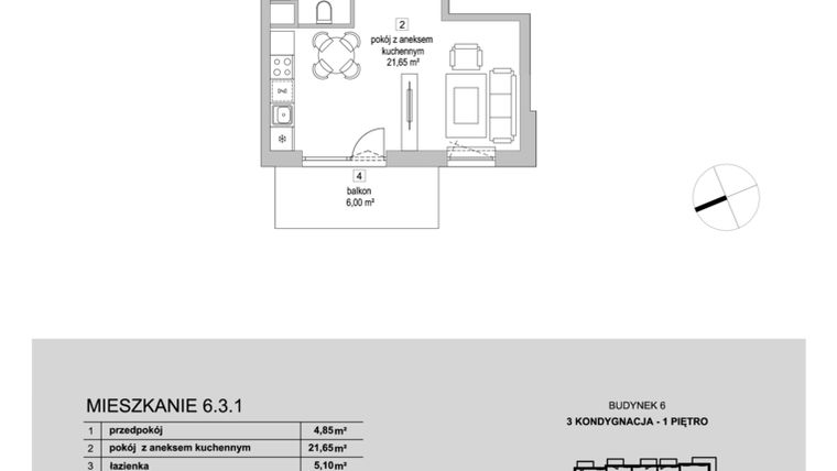 Rzut - Mieszkanie na sprzedaż 1 pokój o powierzchni 31,6 m² - numer 6.3.1 w Osiedle Przyjemne III