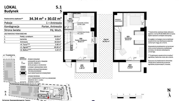 Rzut - Mieszkanie na sprzedaż 2 pokoje o powierzchni 64,36 m² - numer 5.01 w Pino Resort