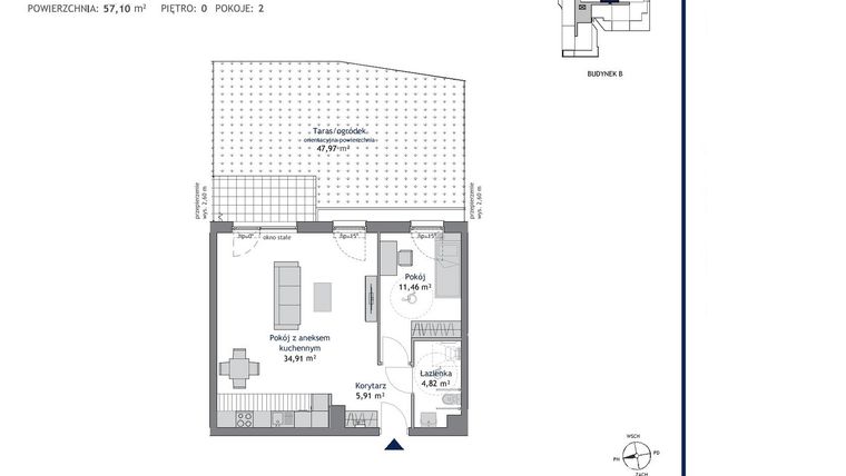 Rzut - Mieszkanie na sprzedaż 2 pokoje o powierzchni 57,1 m² - numer B.0.4 w Linea