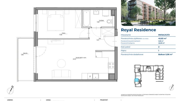 Rzut - Mieszkanie na sprzedaż 2 pokoje o powierzchni 45,82 m² - numer RR/6A/A/1/3 w Royal Residence 6A