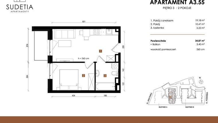 Rzut - Mieszkanie na sprzedaż 2 pokoje o powierzchni 34,87 m² - numer A 3.55 w Apartamenty Sudetia