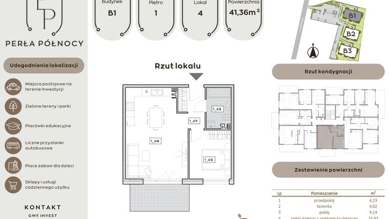 Rzut - Mieszkanie na sprzedaż 2 pokoje o powierzchni 41,36 m² - numer B1.1_4 w Perła Północy etap 2