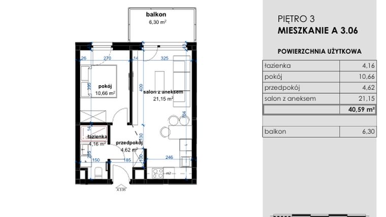 Rzut - Mieszkanie na sprzedaż 2 pokoje o powierzchni 40,59 m² - numer A 3.06 w Osiedle Kwiatowe