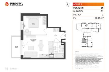 Rzut - Mieszkanie na sprzedaż 2 pokoje o powierzchni 38,05 m² - numer 56 w Locus 2
