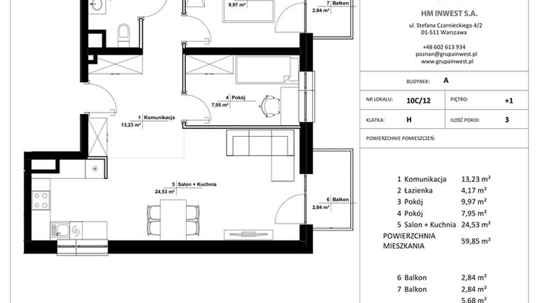 Rzut - Mieszkanie na sprzedaż 3 pokoje o powierzchni 59,85 m² - numer 10C/12 w Jasielska 8C etap II