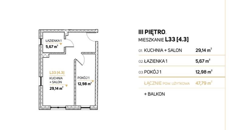 Rzut - Mieszkanie na sprzedaż 2 pokoje o powierzchni 47,43 m² - numer LR33-4.3 w Zimowa Apartamenty