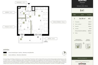 Rzut - Mieszkanie na sprzedaż 2 pokoje o powierzchni 36,08 m² - numer B41 w Quattro Ursynów