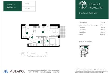 Rzut - Mieszkanie na sprzedaż 3 pokoje o powierzchni 46,14 m² - numer 4.A.0.07 w Murapol Mateczniq bud. 4