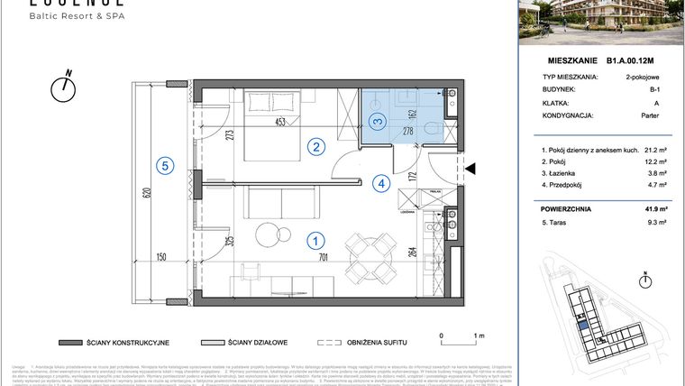 Rzut - Mieszkanie na sprzedaż 2 pokoje o powierzchni 41,9 m² - numer B1.A.00.12M w ESSENSE Baltic Resort&SPA 2