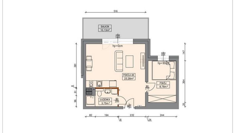 Rzut - Mieszkanie na sprzedaż 2 pokoje o powierzchni 35,78 m² - numer B3.2.18.2a w Stegna Park II