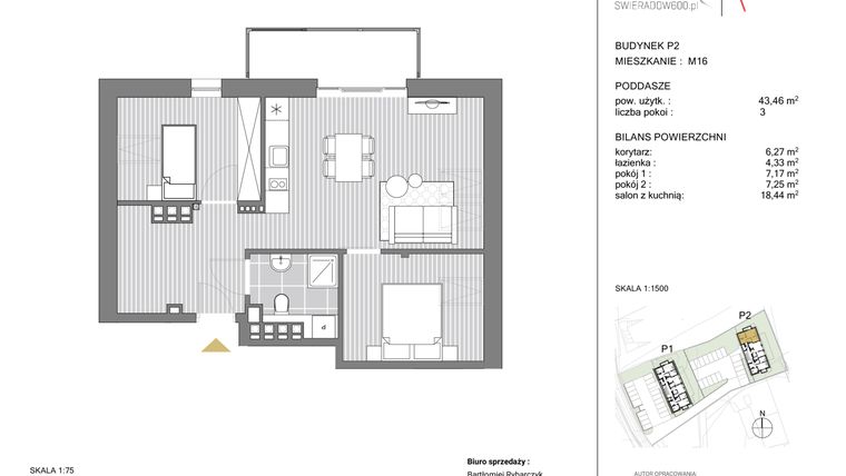Rzut - Mieszkanie na sprzedaż 3 pokoje o powierzchni 43,46 m² - numer P2 M16 w Swieradow600