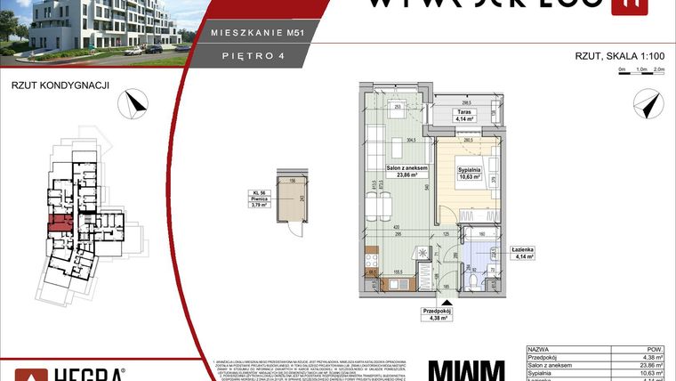 Rzut - Mieszkanie na sprzedaż 2 pokoje o powierzchni 43,01 m² - numer M51 w Apartamenty Wywrockiego 11