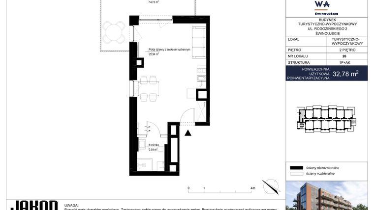 Rzut - Mieszkanie na sprzedaż 1 pokój o powierzchni 32,78 m² - numer 26 w Jachtowa