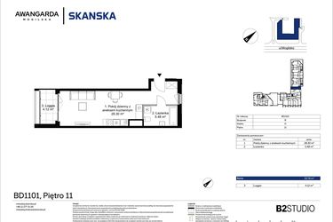 Rzut - Mieszkanie na sprzedaż 1 pokój o powierzchni 33,78 m² - numer 1BD1101 w Awangarda Mogilska