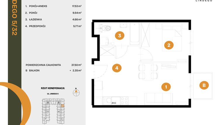 Rzut - Mieszkanie na sprzedaż 2 pokoje o powierzchni 37,5 m² - numer 32 w CLOU LINDEGO