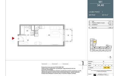 Rzut - Mieszkanie na sprzedaż 1 pokój o powierzchni 29,74 m² - numer 34 w Morwowa 5