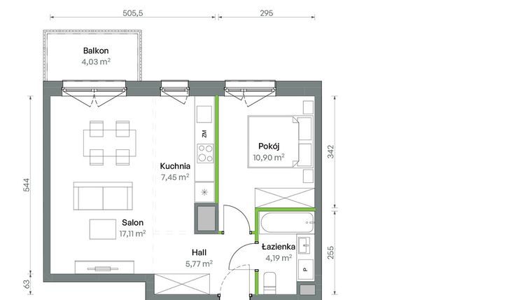 Rzut - Mieszkanie na sprzedaż 2 pokoje o powierzchni 45,42 m² - numer 1/A/2/67 w Oliwska Vita