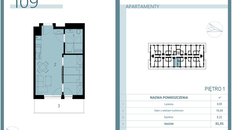 Rzut - Mieszkanie na sprzedaż 1 pokój o powierzchni 31,91 m² - numer 109 w Linea Mare Mrzeżyno
