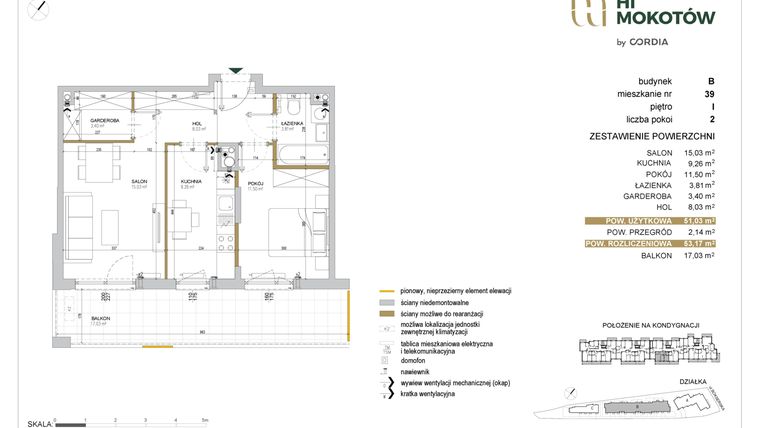 Rzut - Mieszkanie na sprzedaż 2 pokoje o powierzchni 51,02 m² - numer A1.B.39 w Hi Mokotów