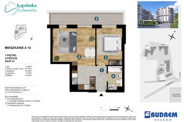 Rzut - Mieszkanie na sprzedaż 2 pokoje o powierzchni 46,67 m² - numer A.12 w Kapelanka-Pychowicka Etap III