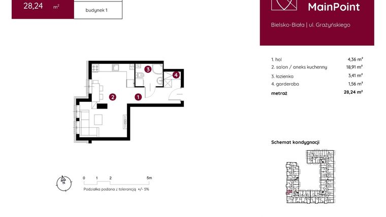 Rzut - Mieszkanie na sprzedaż 1 pokój o powierzchni 28,24 m² - numer 1.C.1.10 w Murapol MainPoint