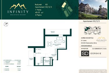 Rzut - Mieszkanie na sprzedaż 1 pokój o powierzchni 40,52 m² - numer B3.3.3 w Infinity Mountain Resort