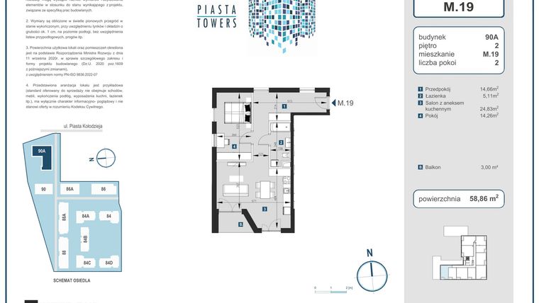 Rzut - Mieszkanie na sprzedaż 2 pokoje o powierzchni 58,86 m² - numer 19 w Piasta Towers bud. 90A