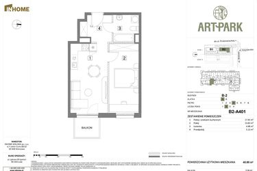 Rzut - Mieszkanie na sprzedaż 2 pokoje o powierzchni 40,89 m² - numer B.2.A401 w Inhome Osiedle ArtPark etap I