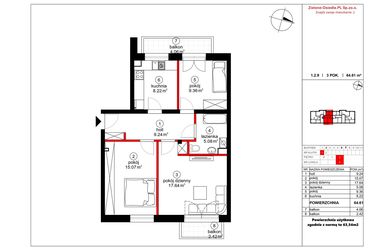 Rzut - Mieszkanie na sprzedaż 3 pokoje o powierzchni 63,54 m² - numer 9 w Czynu Społecznego 65F