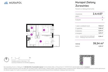 Rzut - Mieszkanie na sprzedaż 2 pokoje o powierzchni 39,43 m² - numer 2.A.4.07 w Murapol Zielony Żurawiniec