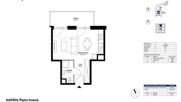 Rzut - Mieszkanie na sprzedaż 1 pokój o powierzchni 28,09 m² - numer AA0304 w NU3 Warszawa Wola