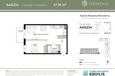 Rzut - Mieszkanie na sprzedaż 2 pokoje o powierzchni 47,16 m² - numer AA0234 w Orneko