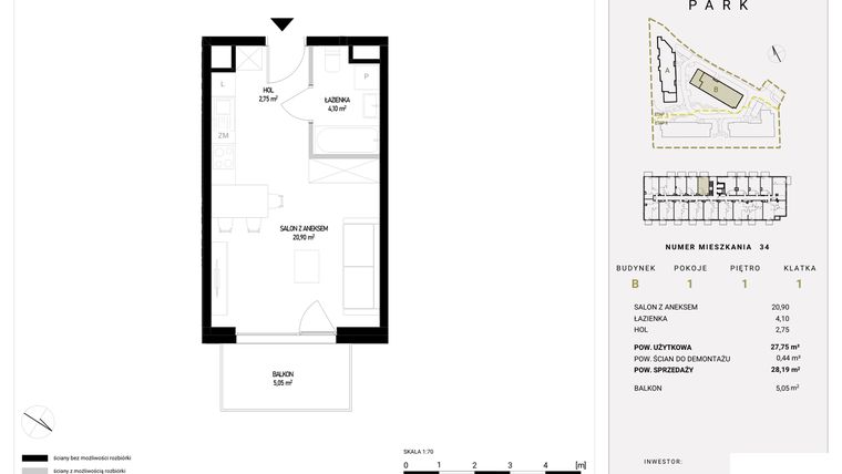 Rzut - Mieszkanie na sprzedaż 1 pokój o powierzchni 28,19 m² - numer B1.34 w Witosa Park