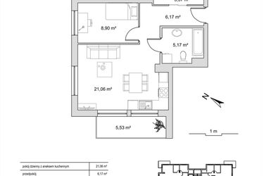 Rzut - Mieszkanie na sprzedaż 2 pokoje o powierzchni 44,87 m² - numer 6.6 w Vela Park bud. 6