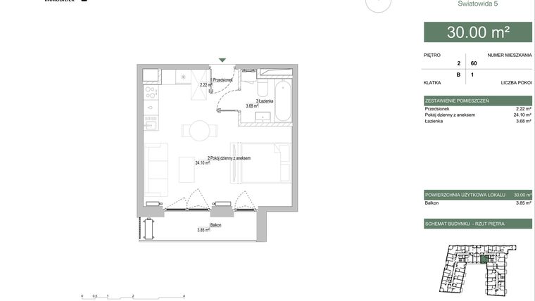 Rzut - Mieszkanie na sprzedaż 1 pokój o powierzchni 30 m² - numer B.02.01 w IKONA Światowida 5