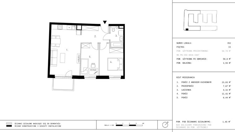 Rzut - Mieszkanie na sprzedaż 3 pokoje o powierzchni 56,6 m² - numer 2.A12-152 w Jurowiecka 22