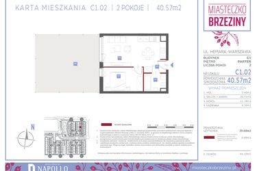 Rzut - Mieszkanie na sprzedaż 2 pokoje o powierzchni 40,57 m² - numer C1.02 w Miasteczko Brzeziny II