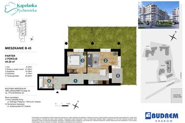 Rzut - Mieszkanie na sprzedaż 2 pokoje o powierzchni 44,2 m² - numer B45 w Kapelanka-Pychowicka Etap III