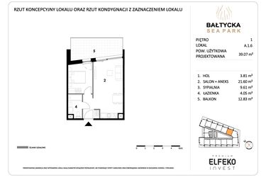 Rzut - Mieszkanie na sprzedaż 2 pokoje o powierzchni 39,07 m² - numer A.1.6 w Bałtycka Sea Park