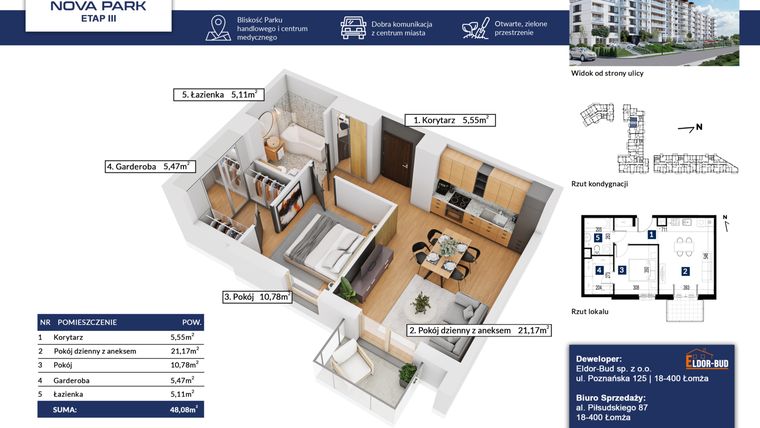 Rzut - Mieszkanie na sprzedaż 2 pokoje o powierzchni 48,08 m² - numer 40 w Nova Park etap III