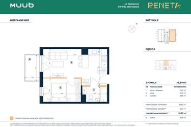 Rzut - Mieszkanie na sprzedaż 2 pokoje o powierzchni 36,59 m² - numer M26 w Reneta