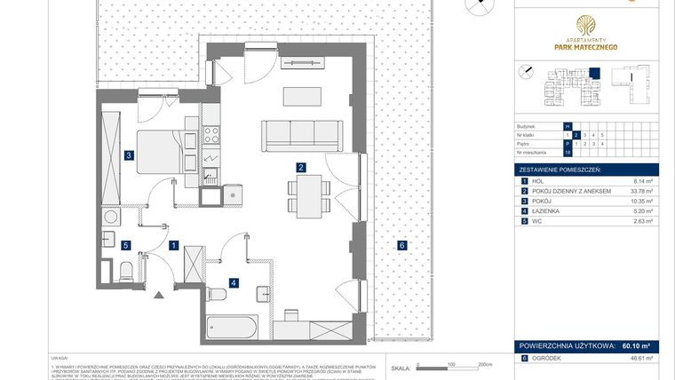 Rzut - Mieszkanie na sprzedaż 2 pokoje o powierzchni 60,1 m² - numer H18 w Apartamenty Park Matecznego Etap 2.2