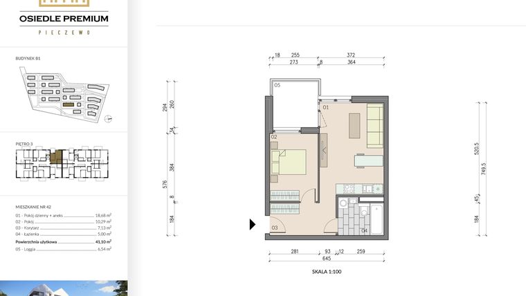 Rzut - Mieszkanie na sprzedaż 2 pokoje o powierzchni 41,1 m² - numer B1.42 w Osiedle Premium etap IV