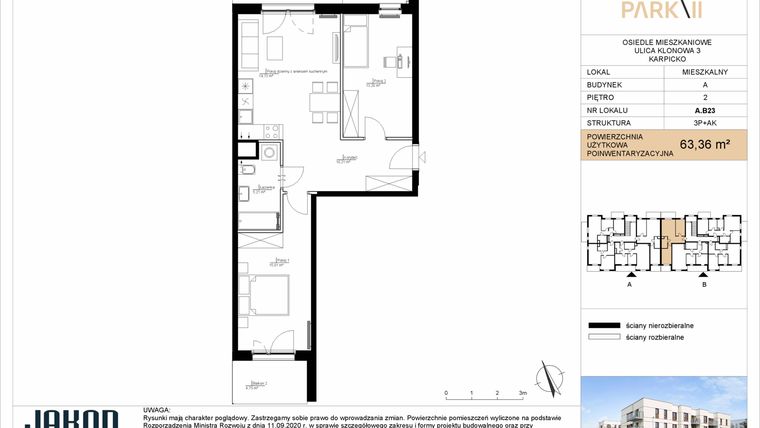 Rzut - Mieszkanie na sprzedaż 3 pokoje o powierzchni 63,36 m² - numer A.B23 w Merano Park II